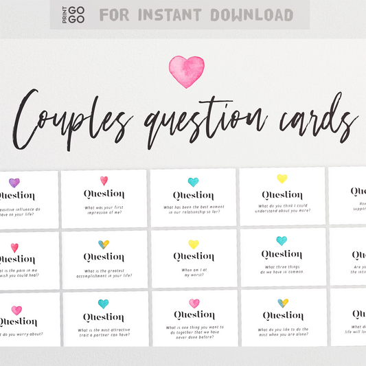 Couples question cards with colorful hearts and text on a white background