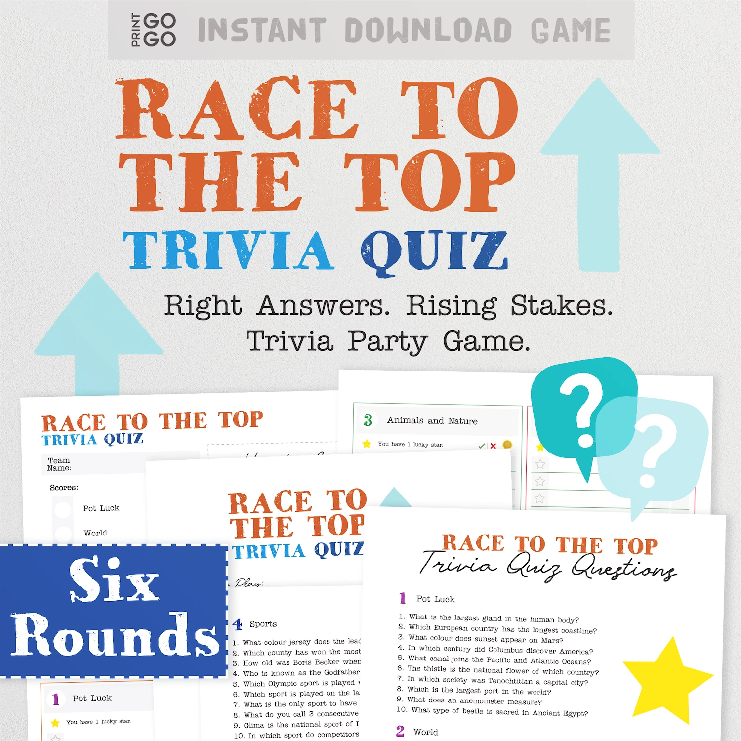 Printable Race to the Top Trivia Quiz game - example content of the six rounds shown.