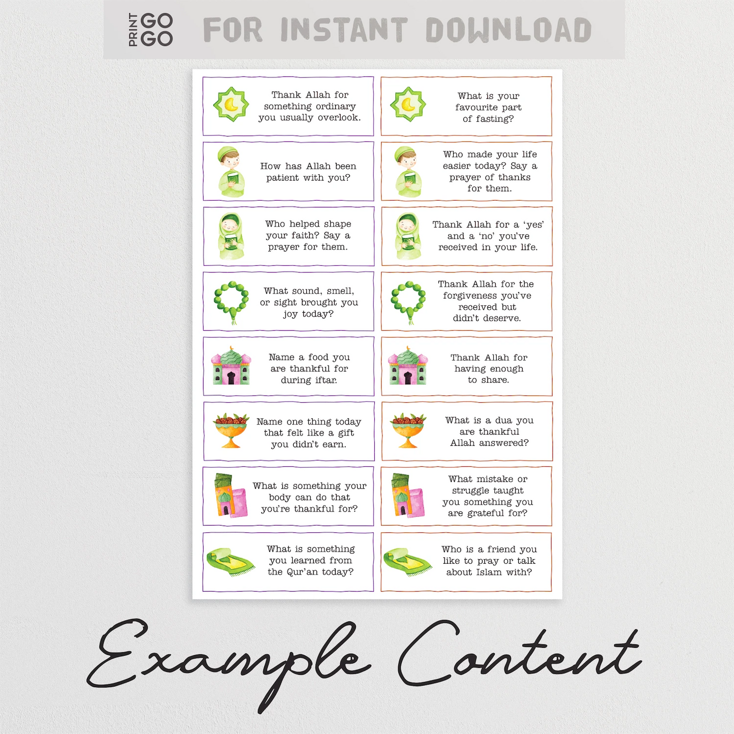 Sheet of printable thankfulness prompts for Ramadan.