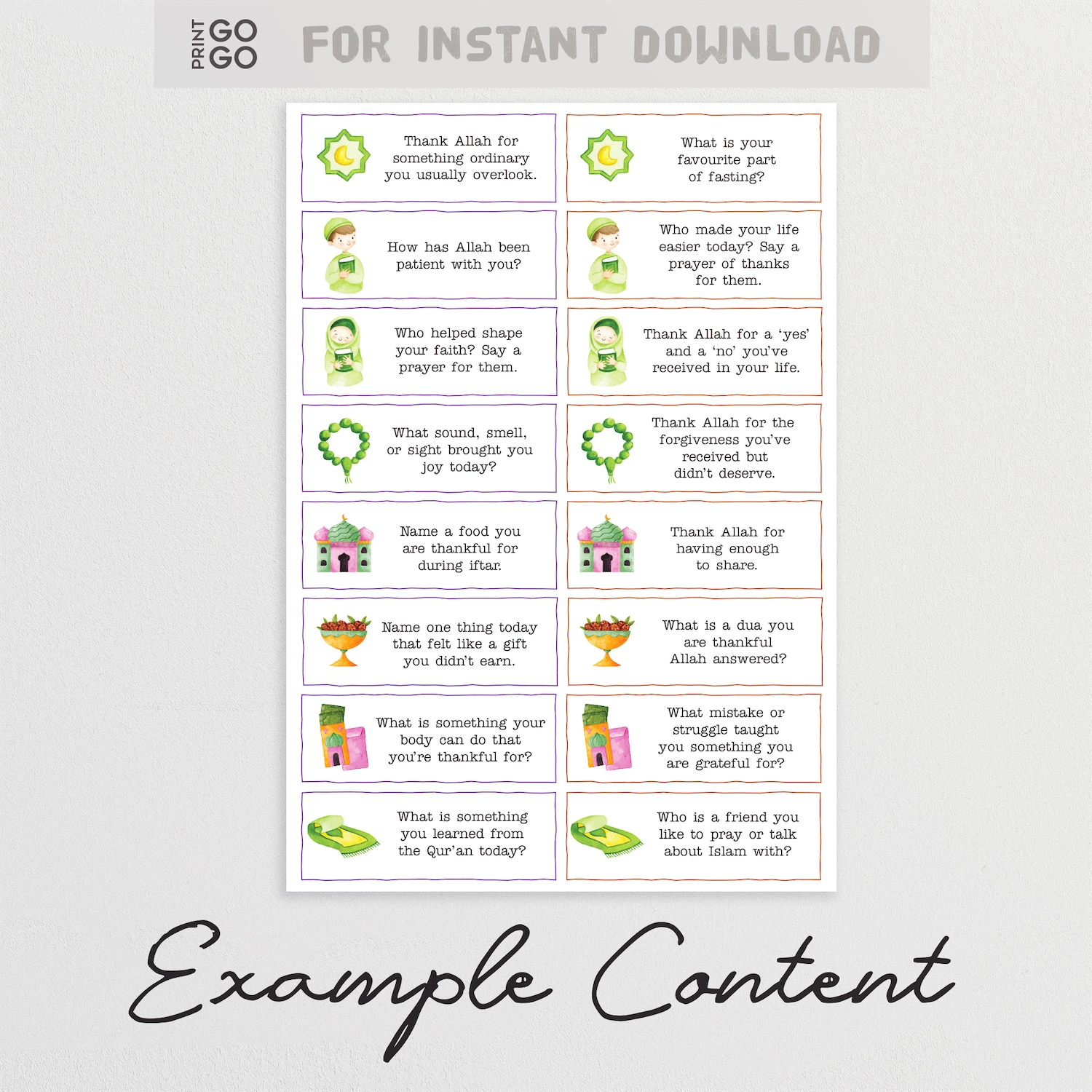 Sheet of printable thankfulness prompts for Ramadan.
