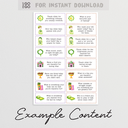 Sheet of printable thankfulness prompts for Ramadan.