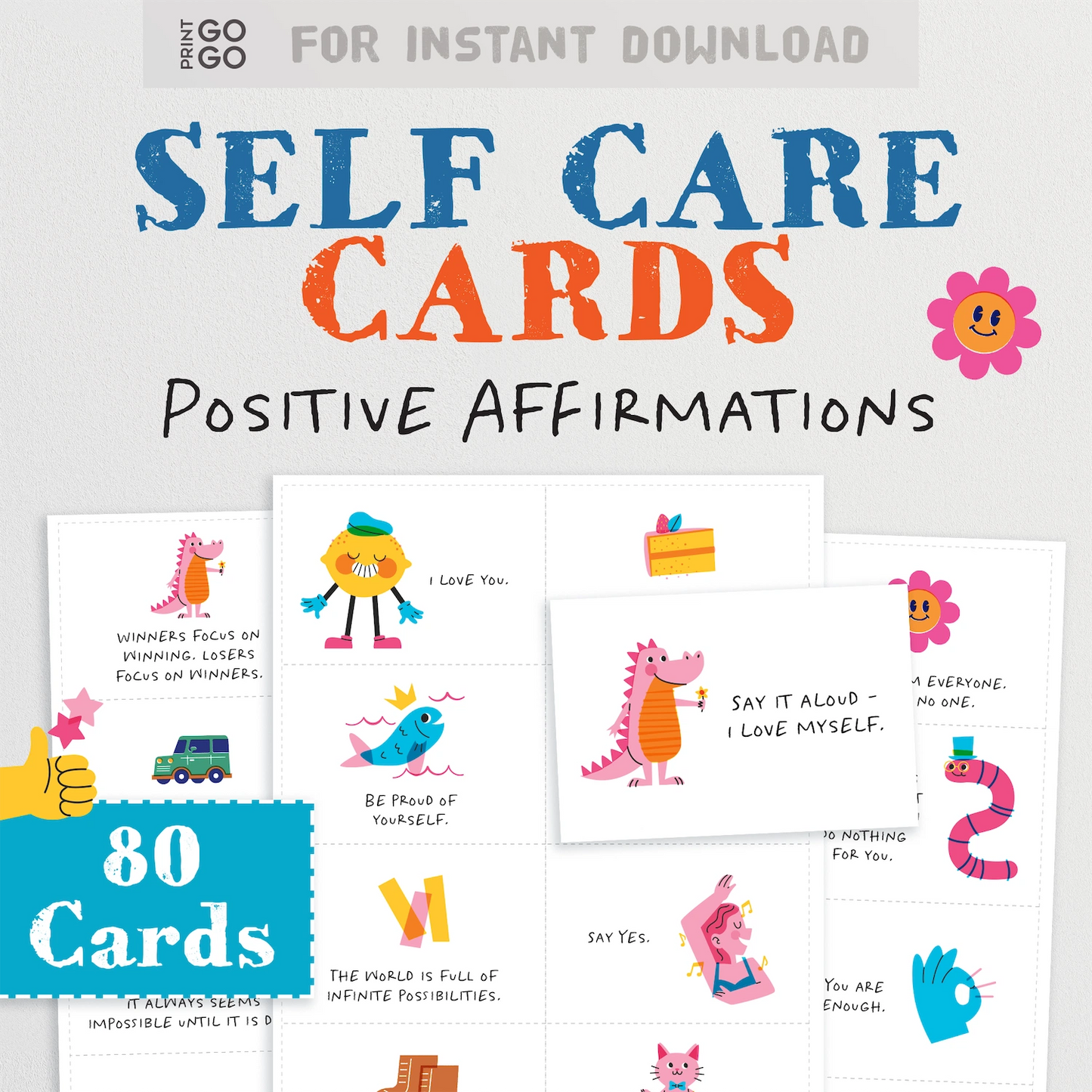 Instant download printable self care cards for adults. Positive affirmations and colourful illustrations.