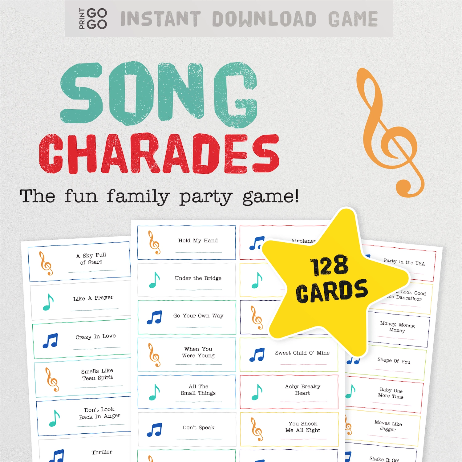 Instant download Song Charades game example cards.