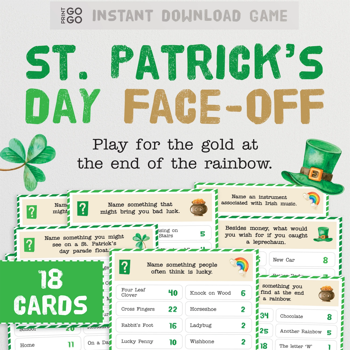 St. Patrick's Day face-off game with clover and leprechaun hat graphics on a white background.
