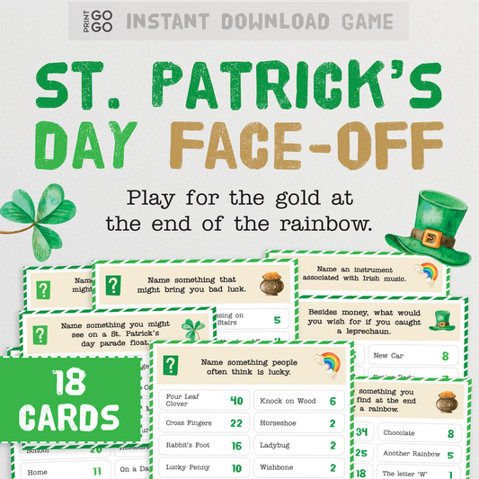 St. Patrick's Day face-off game with clover and leprechaun hat graphics on a white background.