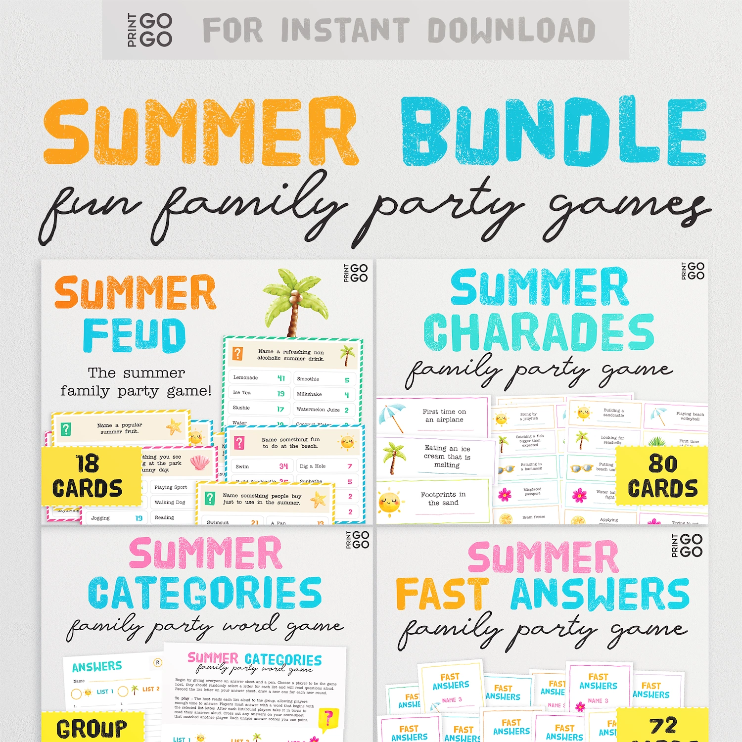 Summer bundle of family party games with colorful text and game cards.