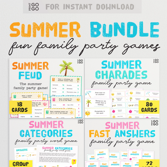 Summer bundle of family party games with colorful text and game cards.