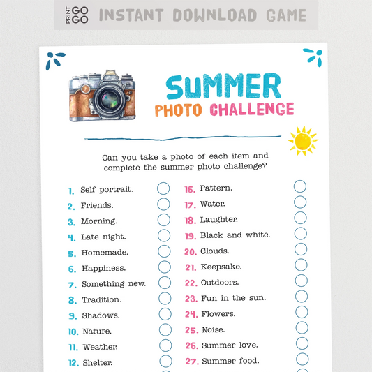 Summer photo challenge worksheet with camera icon and sun graphic on a white background