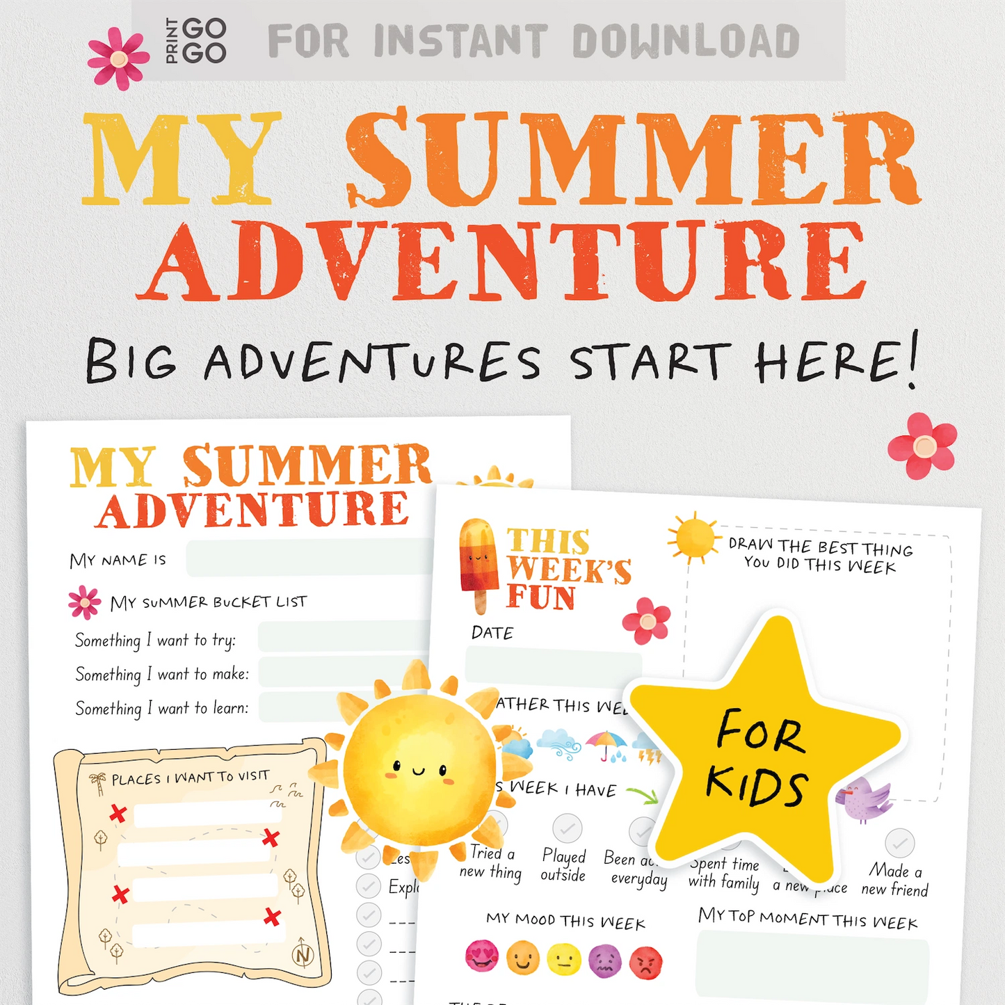 Summer adventure planner for kids with activities and space for writing.