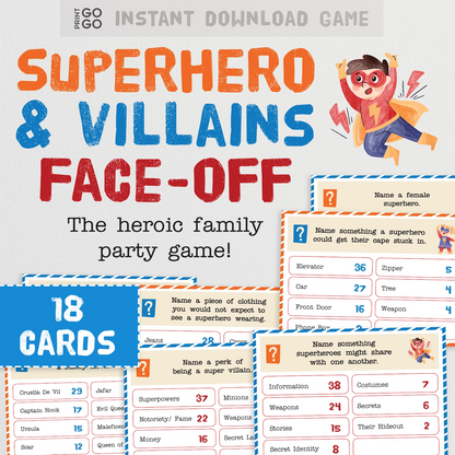 Superhero and Villains Face-Off game packaging with cards and character illustration.