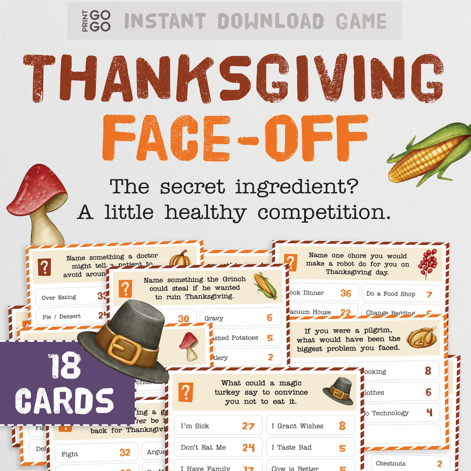 Thanksgiving-themed game with cards and corn illustration on a white background