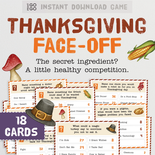 Thanksgiving-themed game with cards and corn illustration on a white background