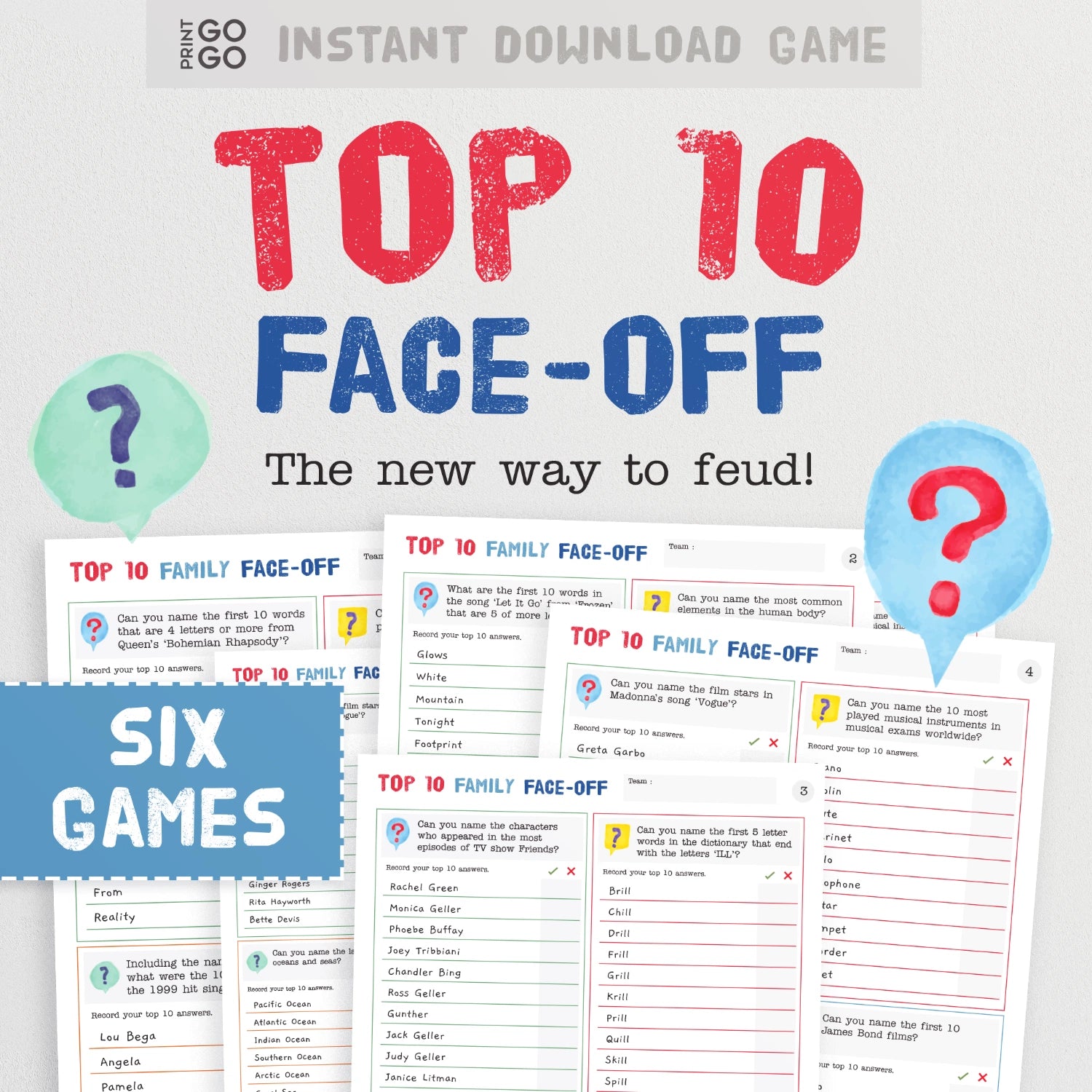 Promotional graphic for 'Top 10 Family Face-Off' game with question marks and text on a light gray background.