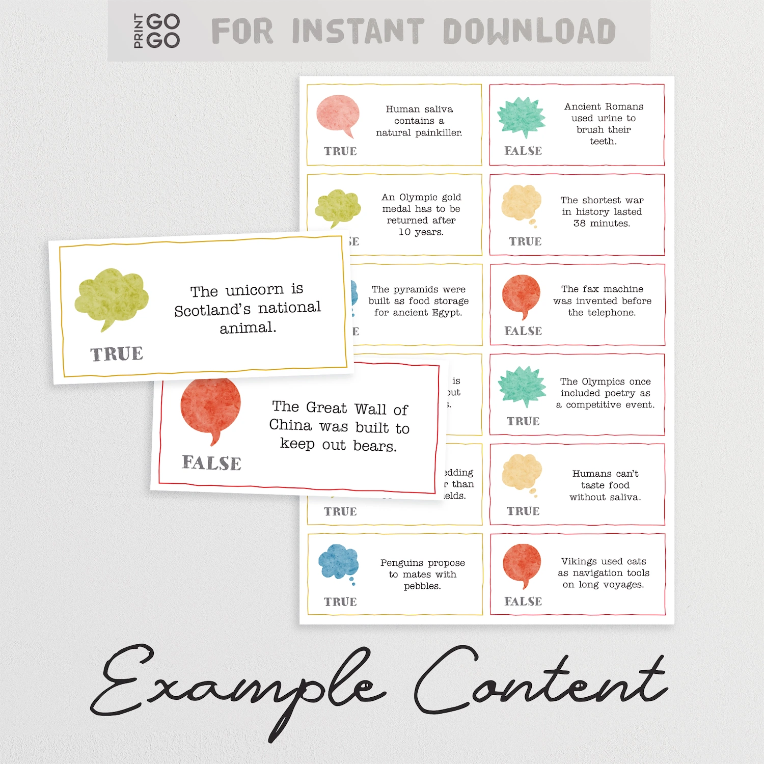Educational flashcards with true/false questions and colorful icons on a light gray background.