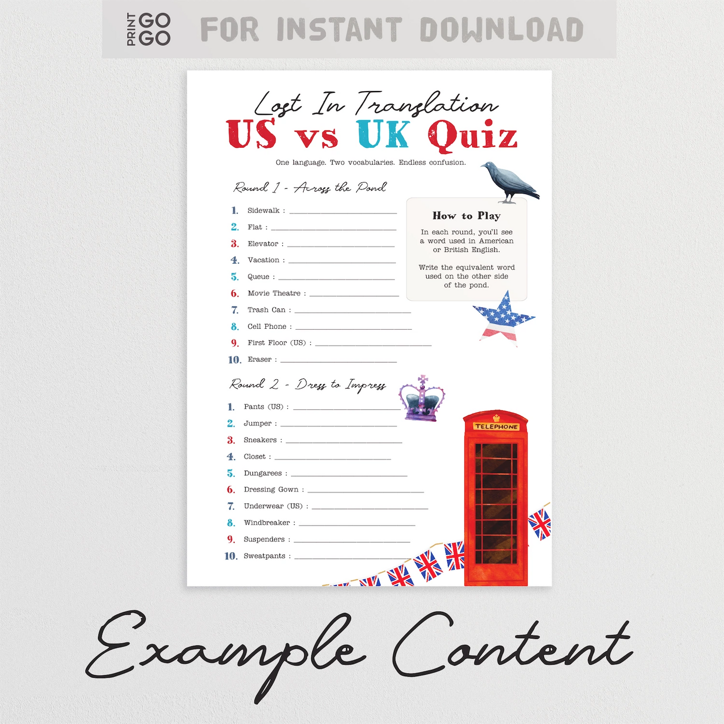 US vs UK Quiz game with American and British flags on a white background