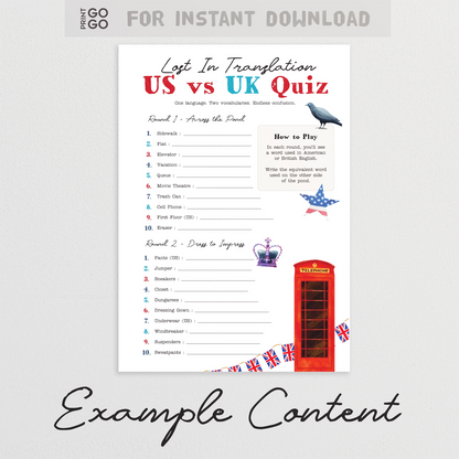 US vs UK Quiz game with American and British flags on a white background