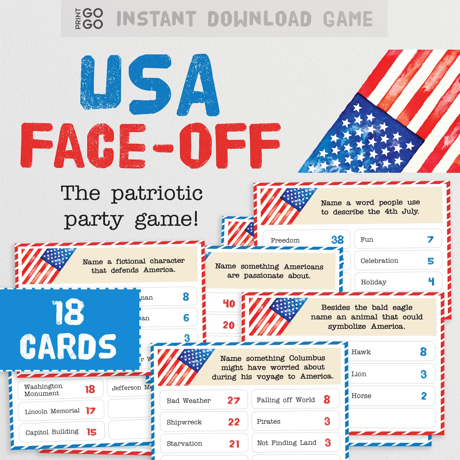 USA Face-Off game packaging with cards and American flag design