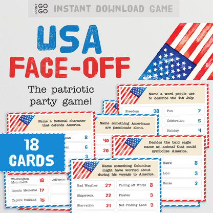 USA Face-Off game packaging with cards and American flag design