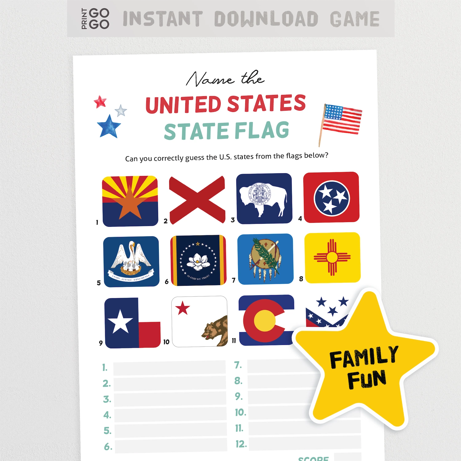 Guess the State flag in this USA picture quiz for instant download.