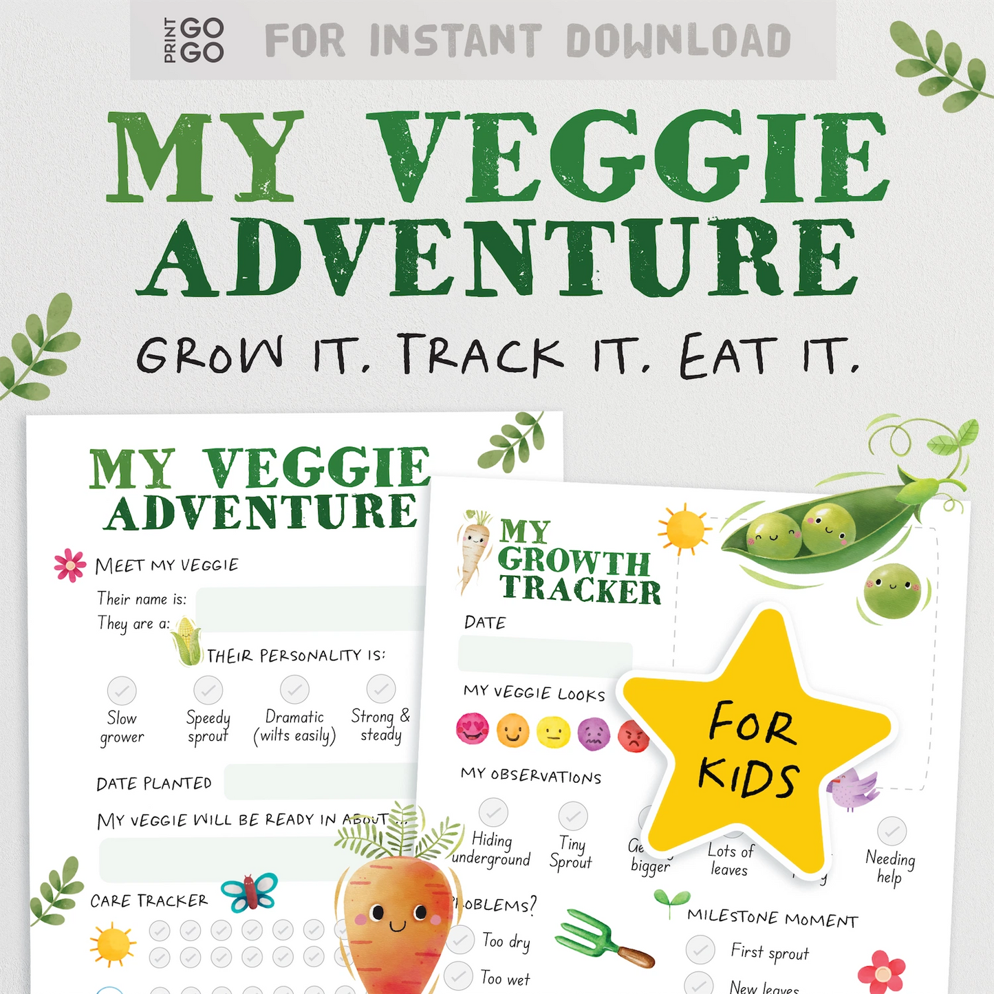 Children's educational worksheet titled 'My Veggie Adventure' with vegetables and growth tracker.