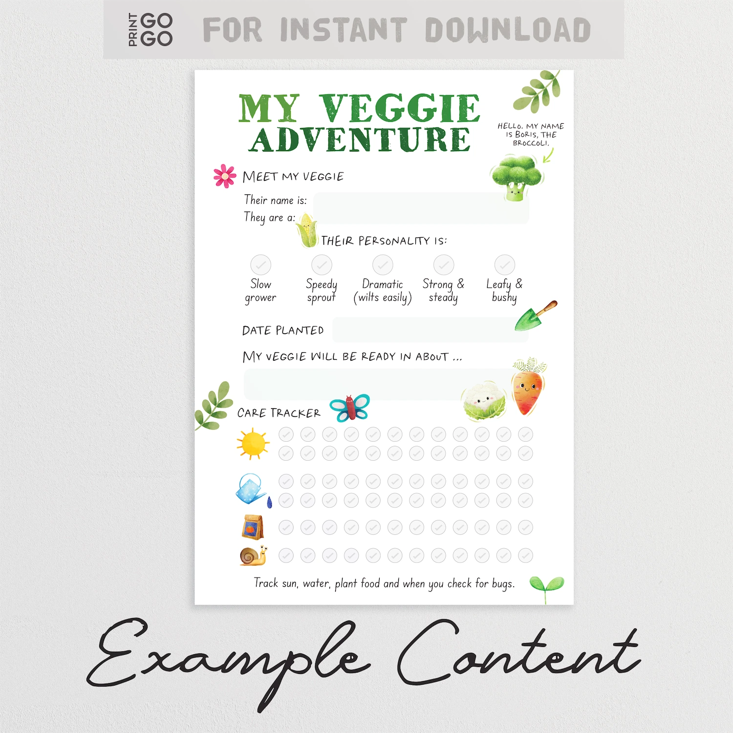 Example content for printable vegetable tracker for children.