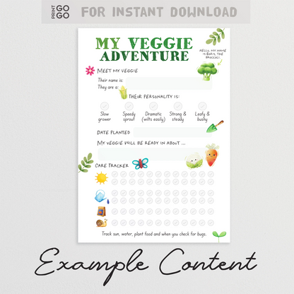 Example content for printable vegetable tracker for children.