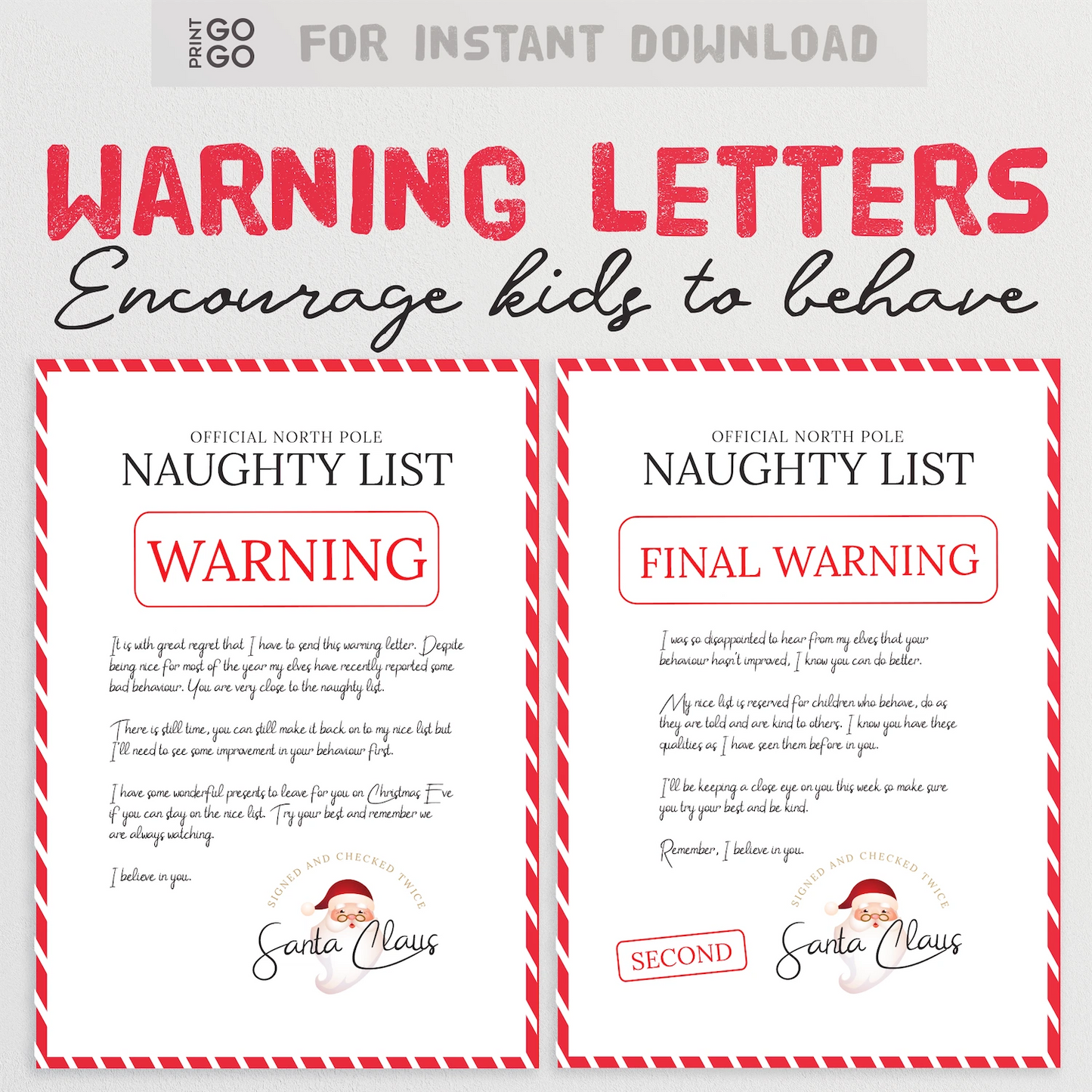 Two 'Naughty List' letters from Santa Claus with red and white design on a white background.