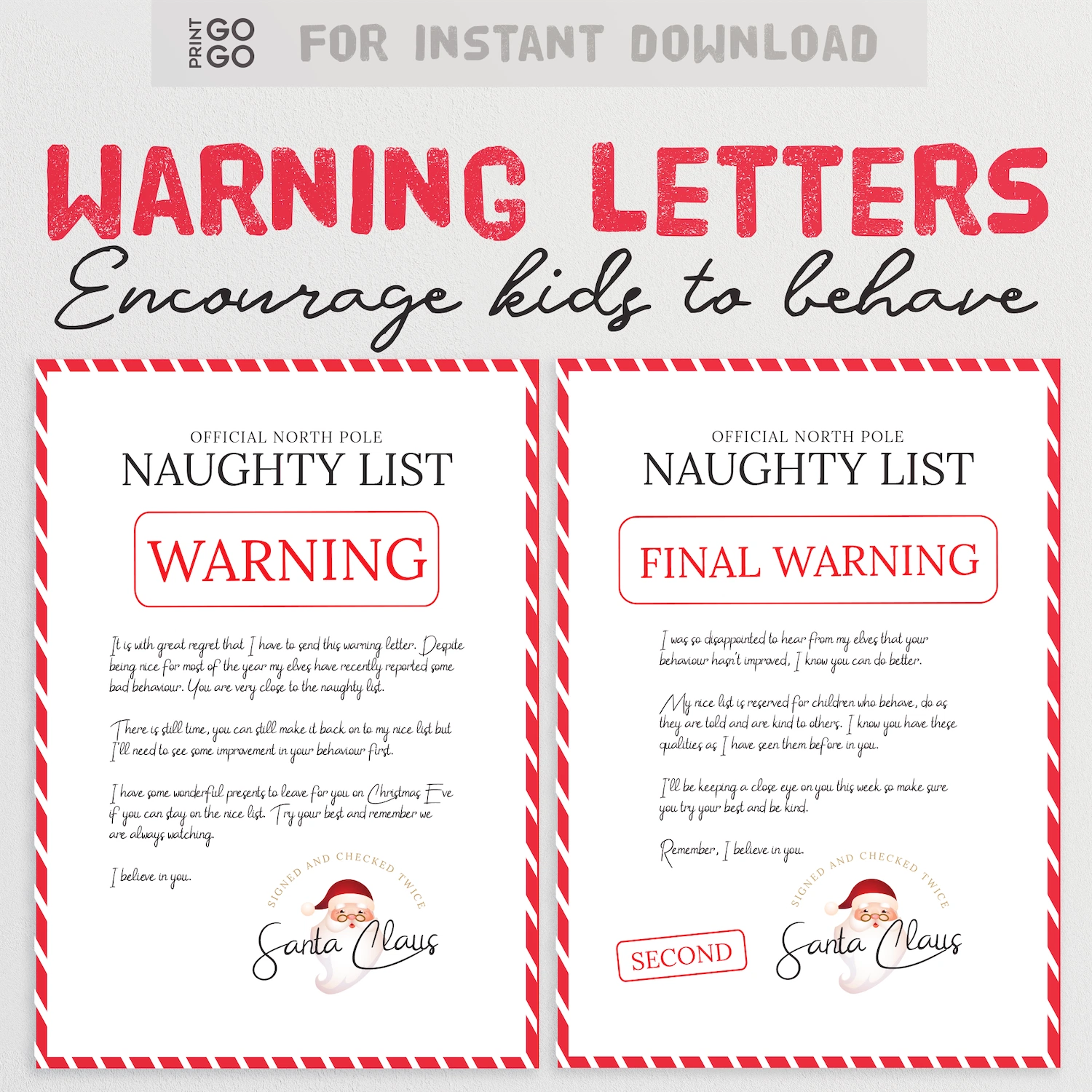 Two 'Naughty List' letters from Santa Claus with red and white design on a white background.