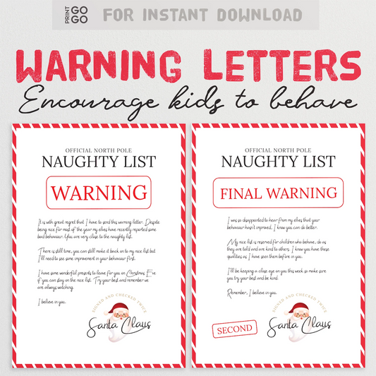 Two 'Naughty List' letters from Santa Claus with red and white design on a white background.