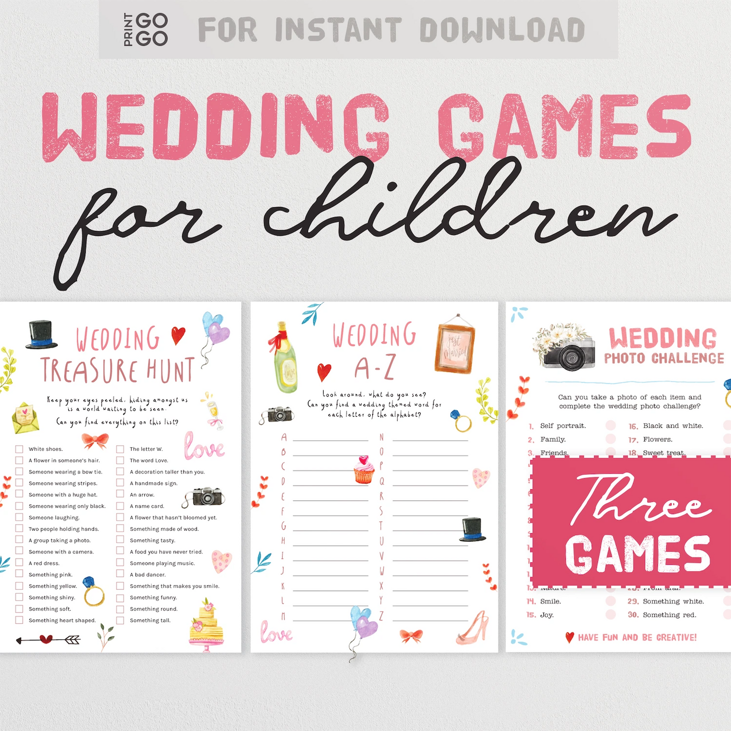 Wedding games for children with colorful designs on a white background