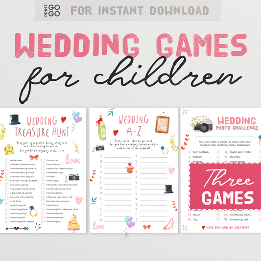 Wedding games for children with colorful designs on a white background