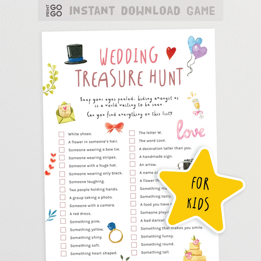 Wedding treasure hunt game sheet for kids with colorful text and illustrations on a white background.