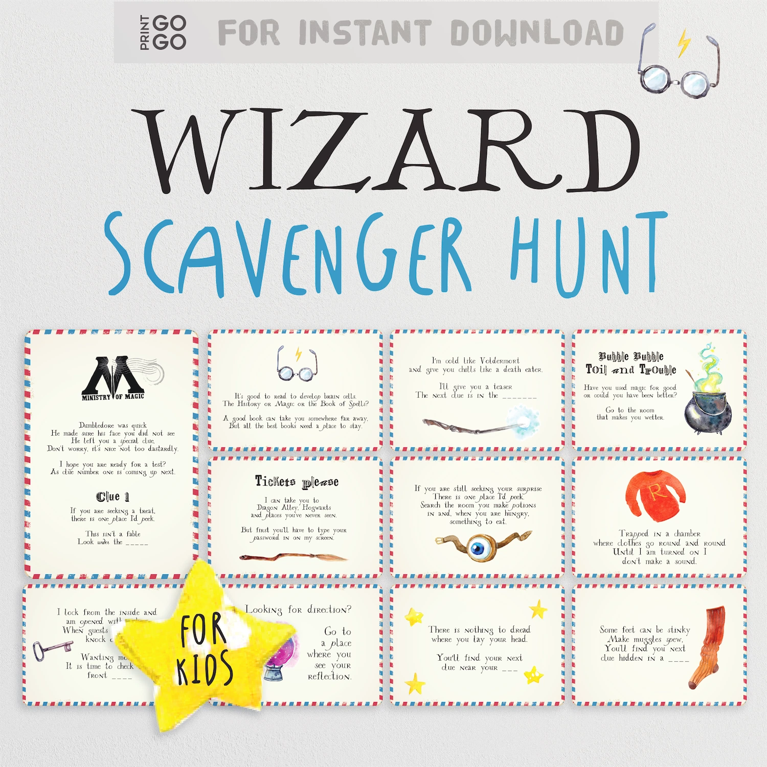 Printable Wizard scavenger hunt for kids with text and graphics on a light gray background