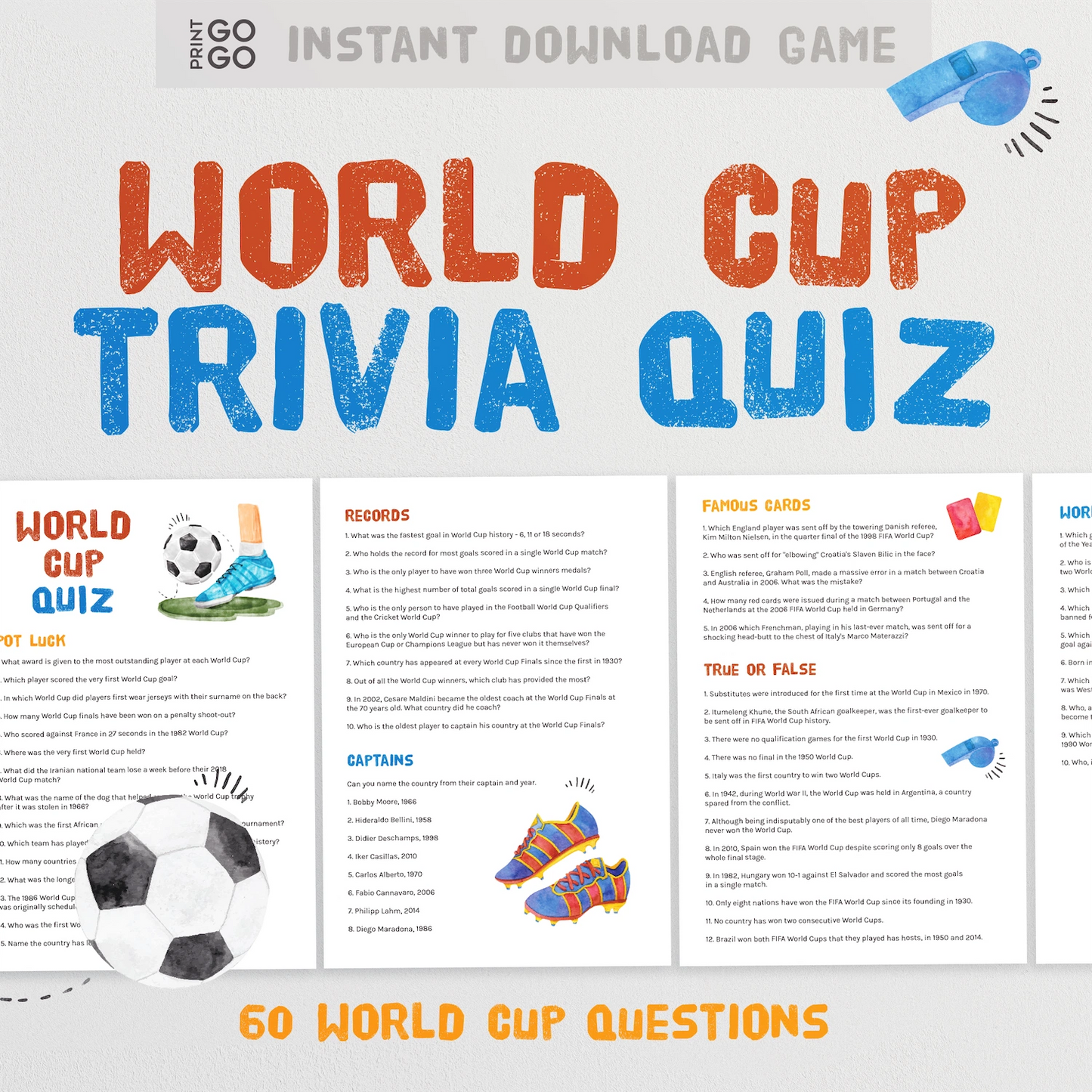 Printable World Cup trivia quiz with colourful text and football graphics on a white background