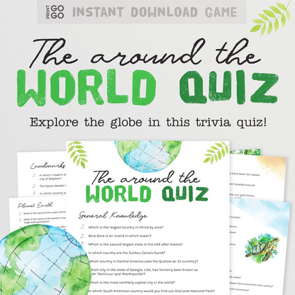 Printable world quiz game with trivia questions on a white background