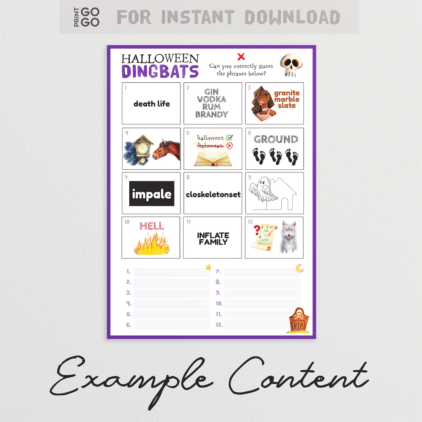 Halloween-themed word puzzles with images and text on a white background