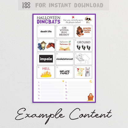 Halloween-themed word puzzles with images and text on a white background