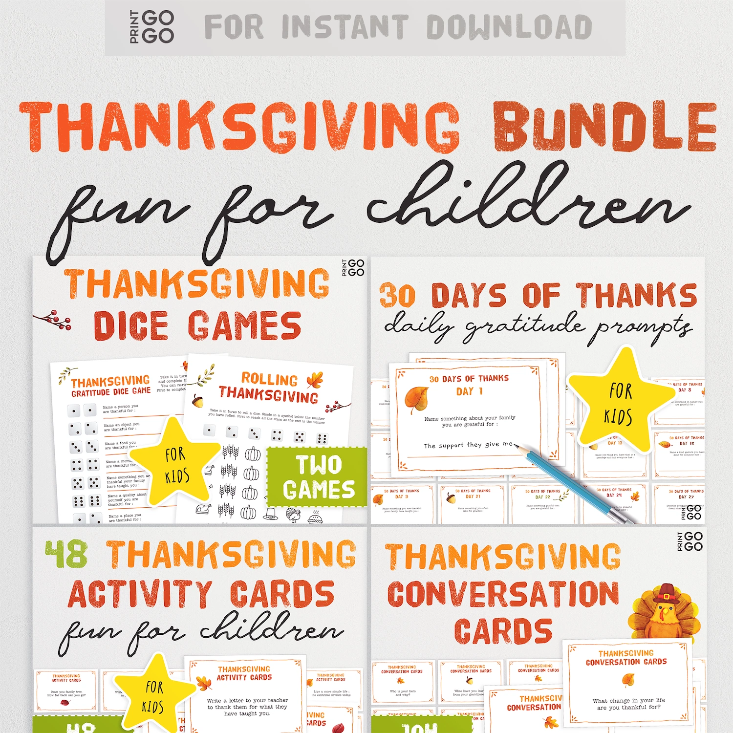 Thanksgiving bundle for children with various activities on a white background