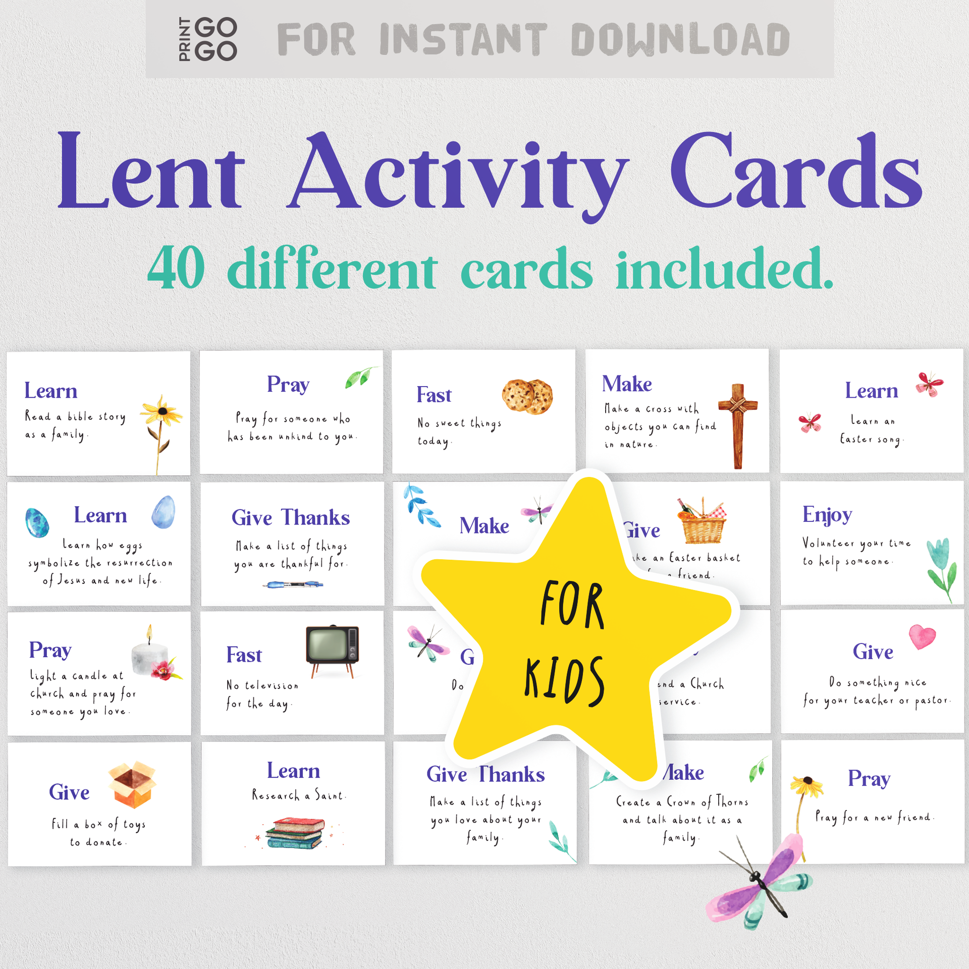 40 Lent Activity Cards - Instant Download Kids Activities for Easter! – Print GoGo for Free Printable Lent Activities For Adults