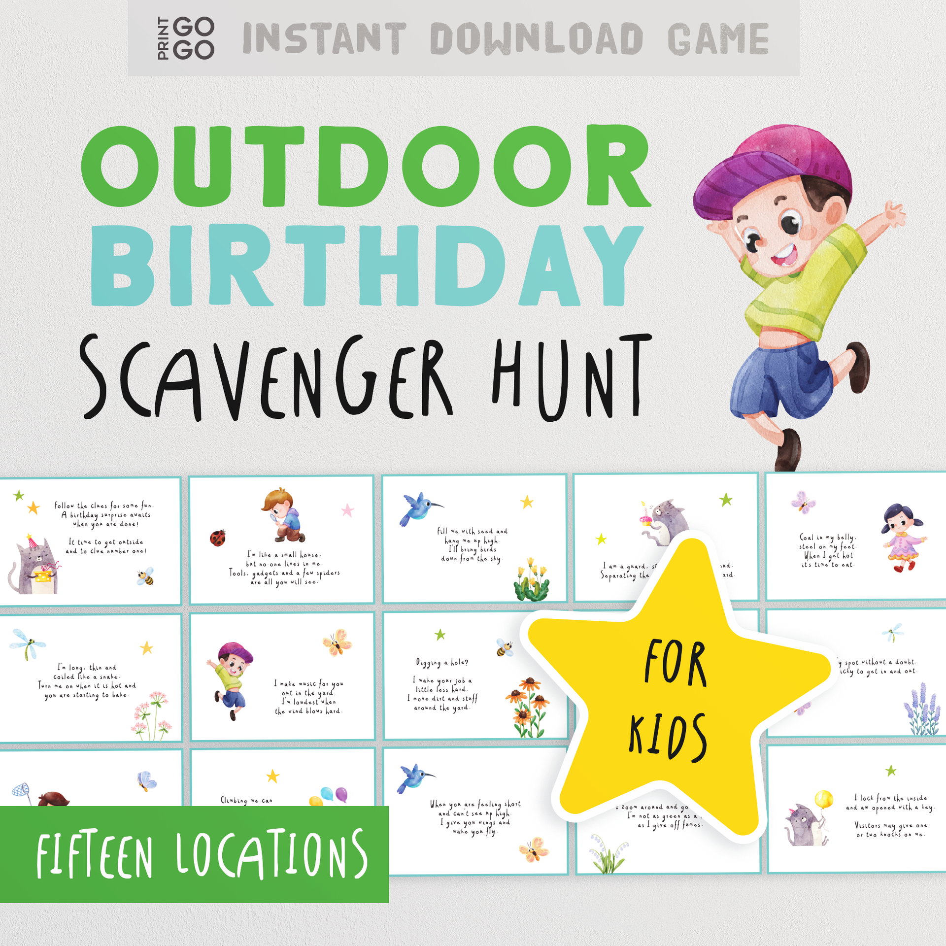 Outdoor Birthday Scavenger Hunt for Kids - 15 Garden Clue Cards! – Print GoGo for Free Printable Birthday Scavenger Hunt Clues
