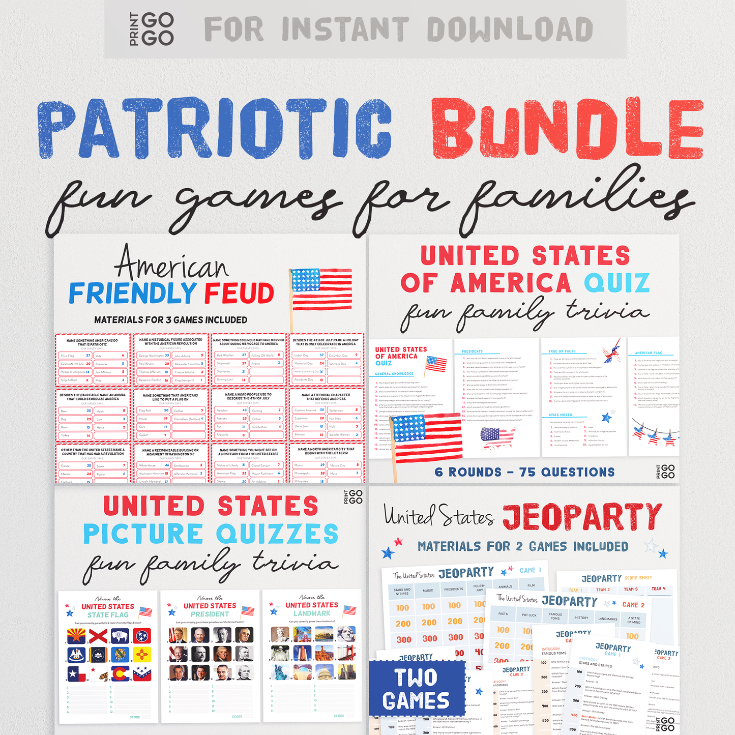 USA Patriotic Game Bundle - Four Fun Printable Games To Test Your Family