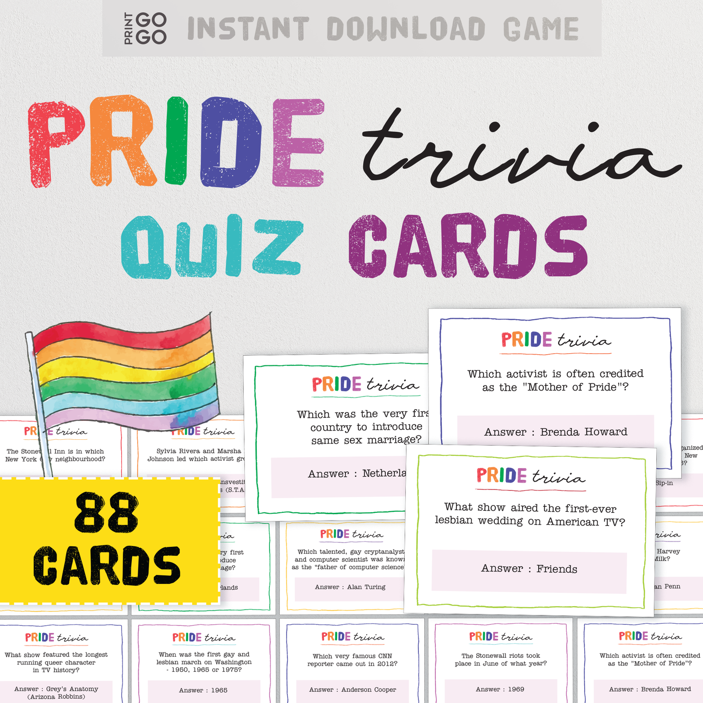 Pride Trivia Cards - 88 Quiz Questions to Test Your LGBTQI+ General Knowledge!