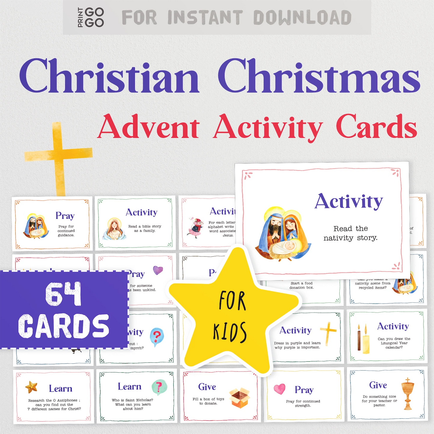 Christian Christmas Advent Activity Cards for kids with a star graphic and text overlay.