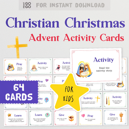 Christian Christmas Advent Activity Cards for kids with a star graphic and text overlay.
