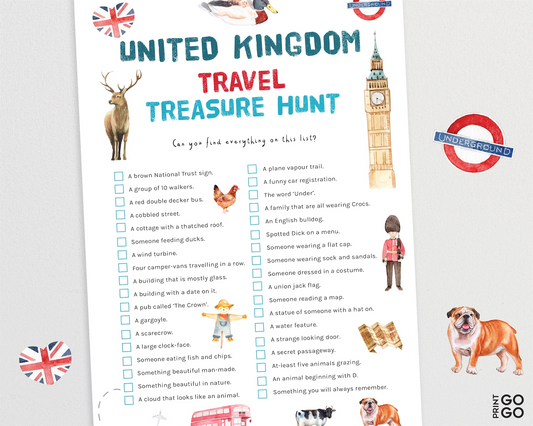 United Kingdom travel treasure hunt sheet with illustrations and text on a white background
