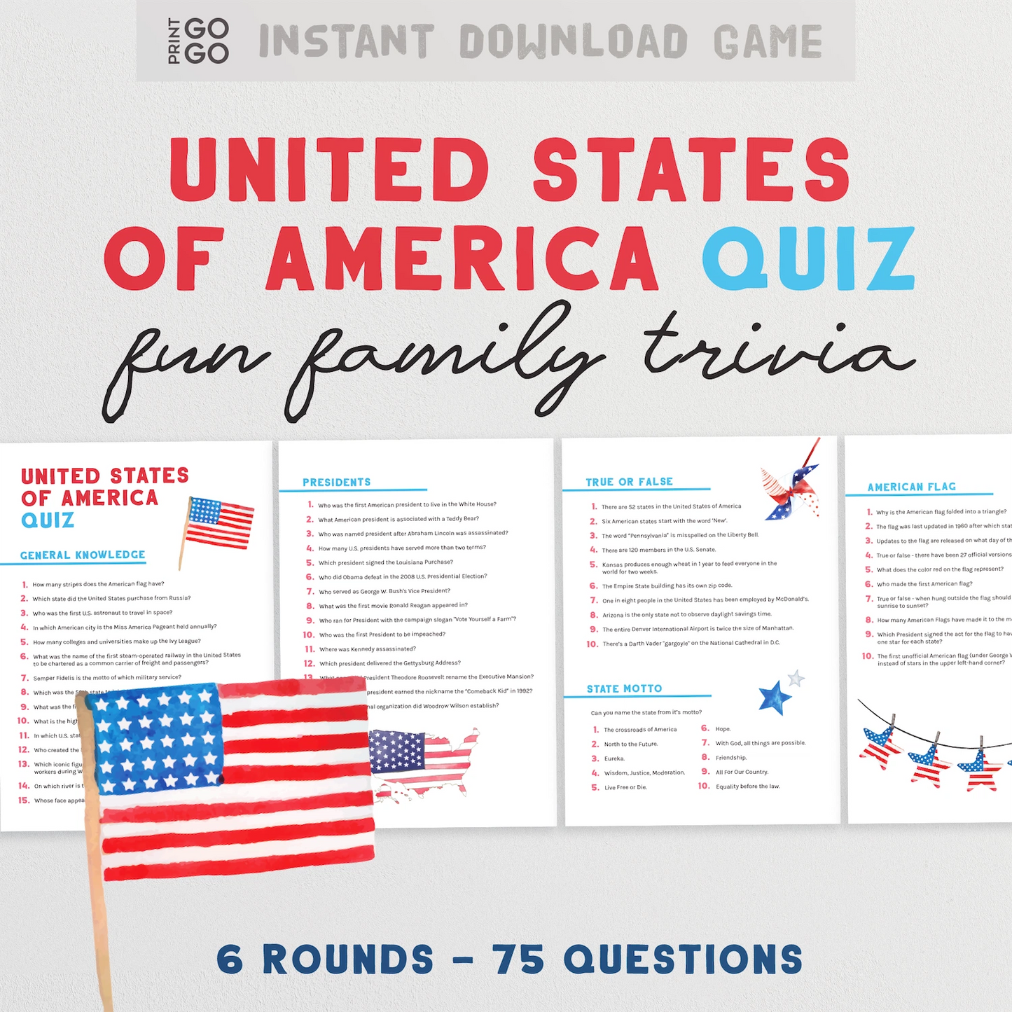 United States of America Quiz with American flags on a white background