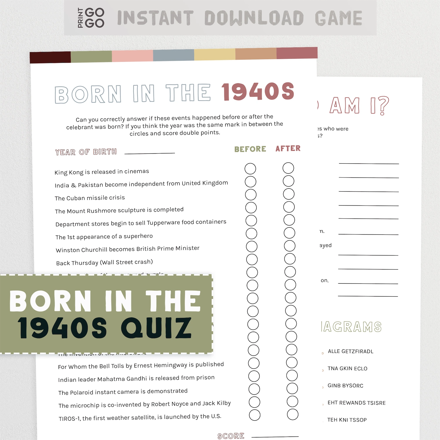 1940s quiz game with event list and score tracker on a light gray background