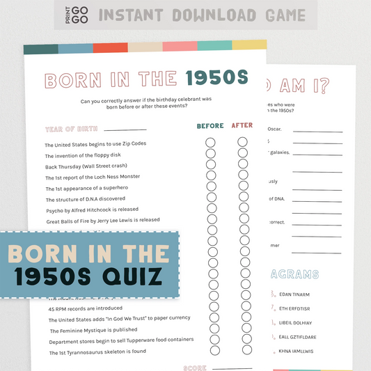 1950s quiz game with event list and space to write answers on a white background