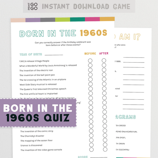 Quiz titled 'Born in the 1960s' with event questions and timeline on a white background.