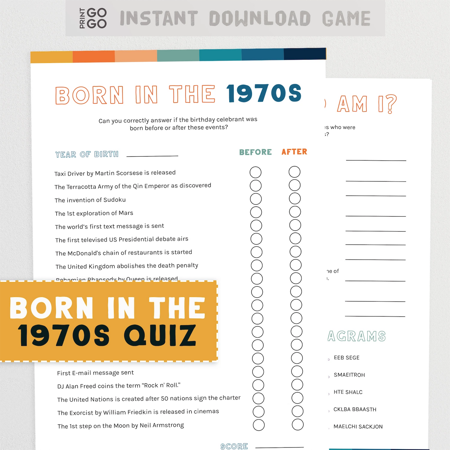 Quiz sheet titled 'Born in the 1970s' with event questions and space for answers.